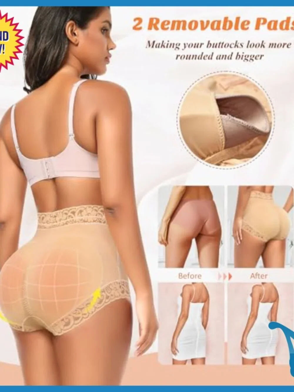 X-Large Butt Lifting Shapewear Panties with Removable Pads, Tummy Control
